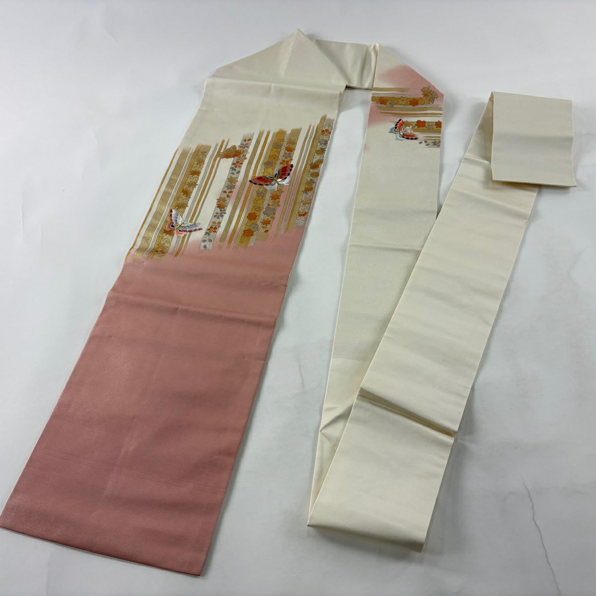 【美品】名古屋帶 優品級 蝶 草花紋 金銀彩 金銀絲 粉紅 純蠶絲