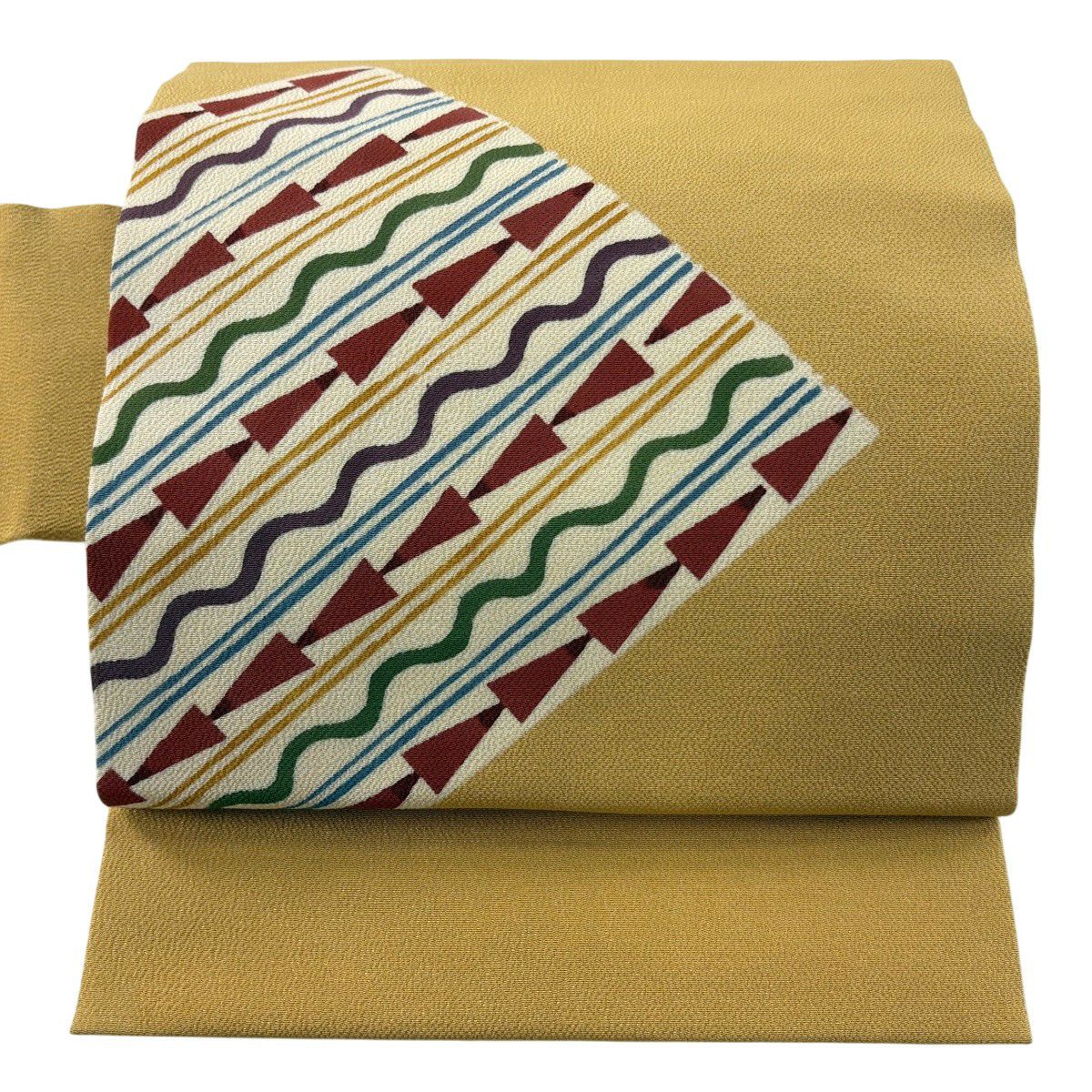 【美品】名古屋帶 優品級 幾何圖案 縮緬 黃土 純蠶絲