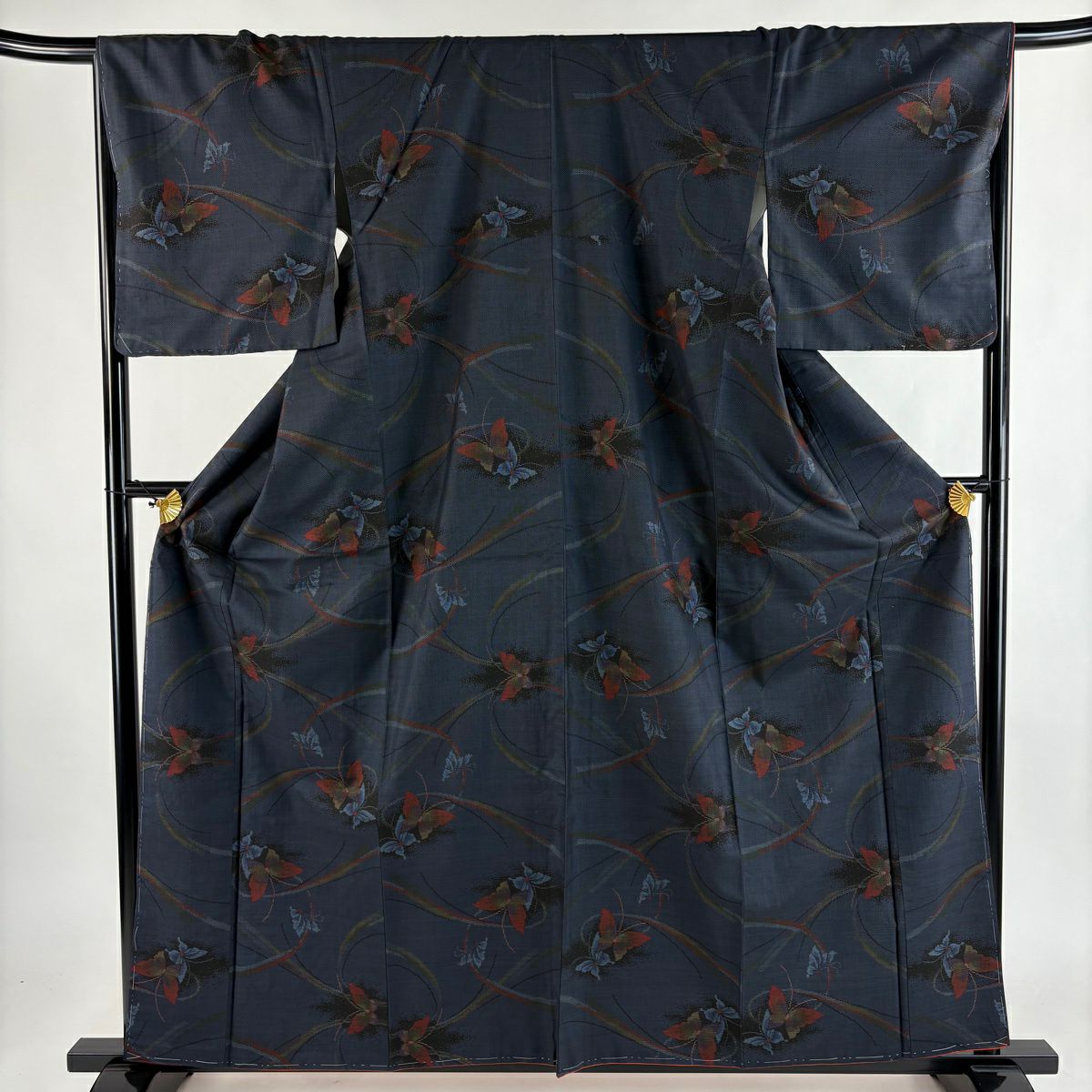 大島紬織 身長161cm 袖長68cm L 雙層 純泥染 證書齊全 蝴蝶 深藍 純蠶絲 優品級
