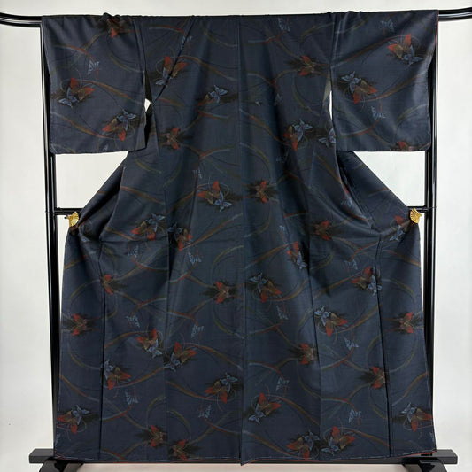 大島紬織 身長161cm 袖長68cm L 雙層 純泥染 證書齊全 蝴蝶 深藍 純蠶絲 優品級