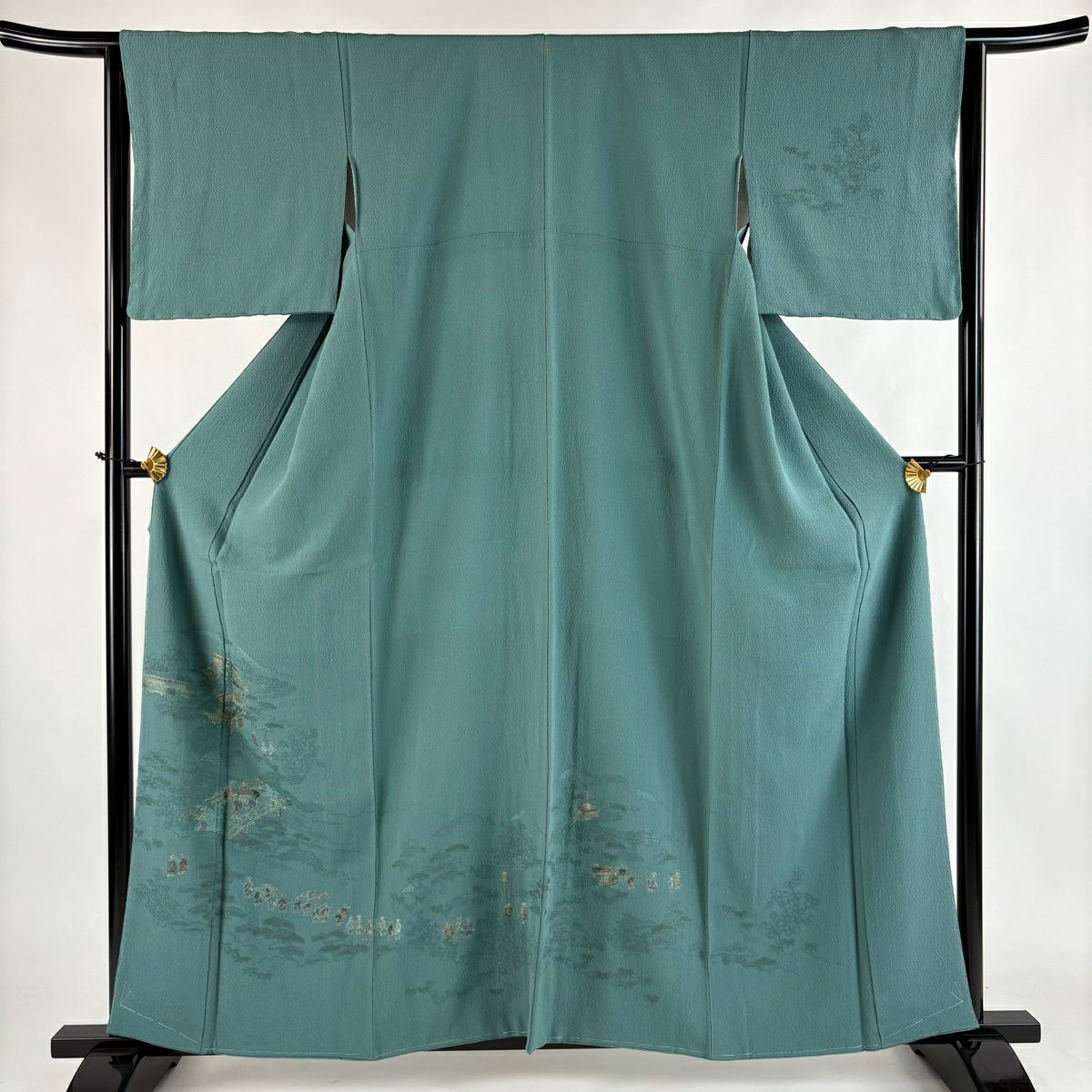 付下 身長159.5cm 袖長64cm M 雙層 建物 人物 刺繡 金線 灰綠 純蠶絲 秀品級 一つ紋
