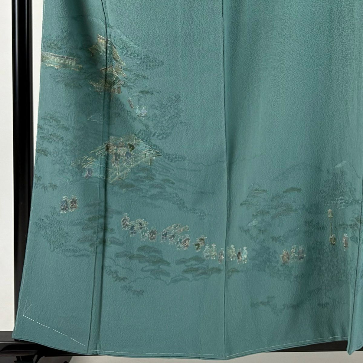 付下 身長159.5cm 袖長64cm M 雙層 建物 人物 刺繡 金線 灰綠 純蠶絲 秀品級 一つ紋