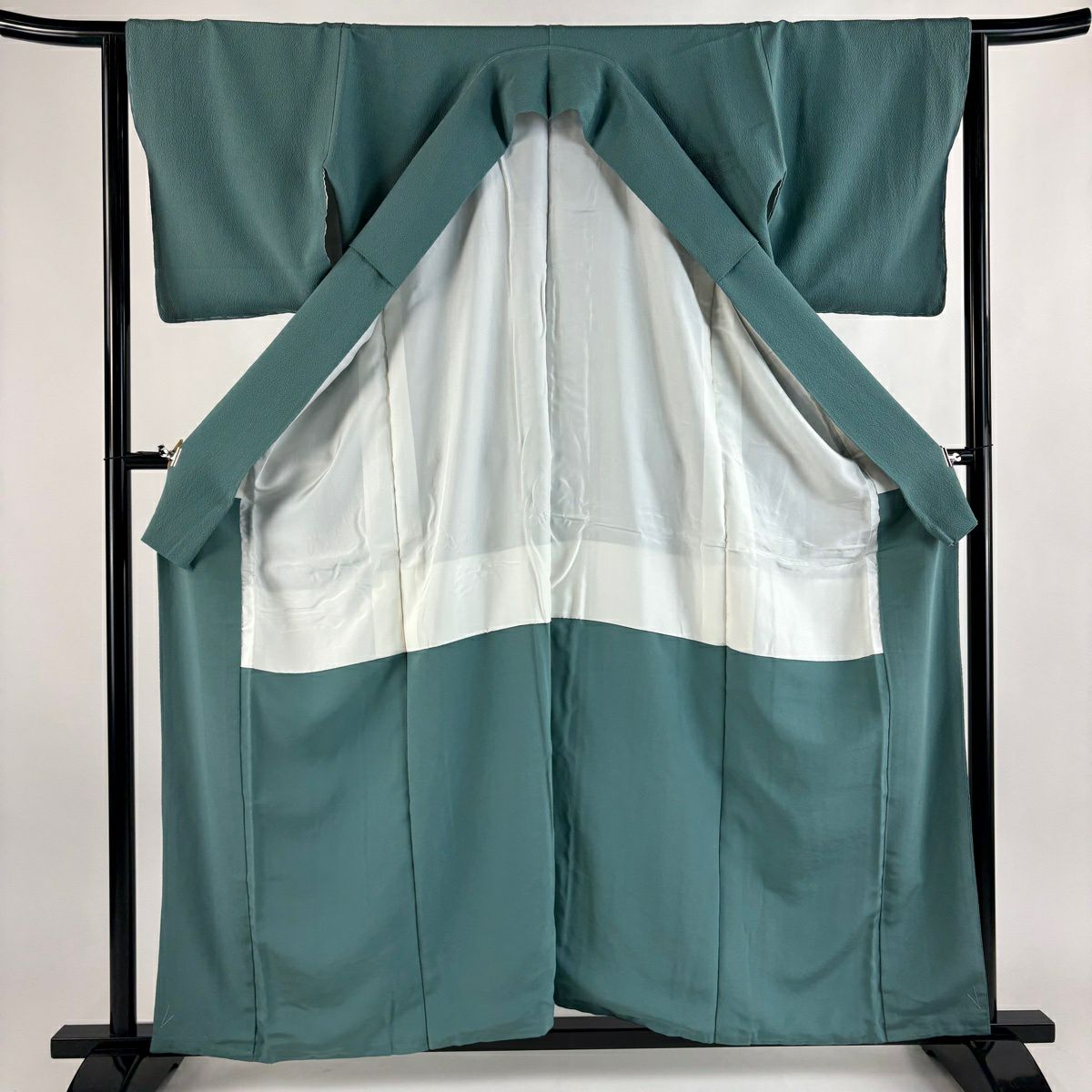 付下 身長159.5cm 袖長64cm M 雙層 建物 人物 刺繡 金線 灰綠 純蠶絲 秀品級 一つ紋