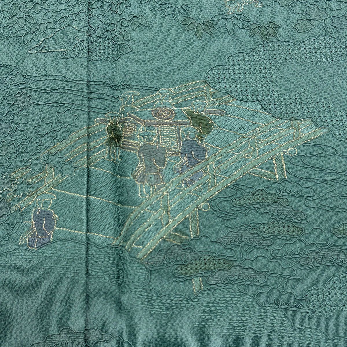 付下 身長159.5cm 袖長64cm M 雙層 建物 人物 刺繡 金線 灰綠 純蠶絲 秀品級 一つ紋