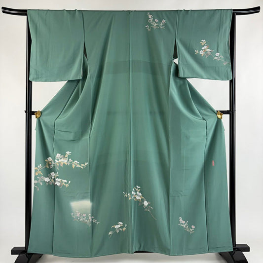 付下 身長161cm 袖長66.5cm M 雙層 有落款 櫻花 菊花花 漸層 淺綠 純蠶絲 優品級