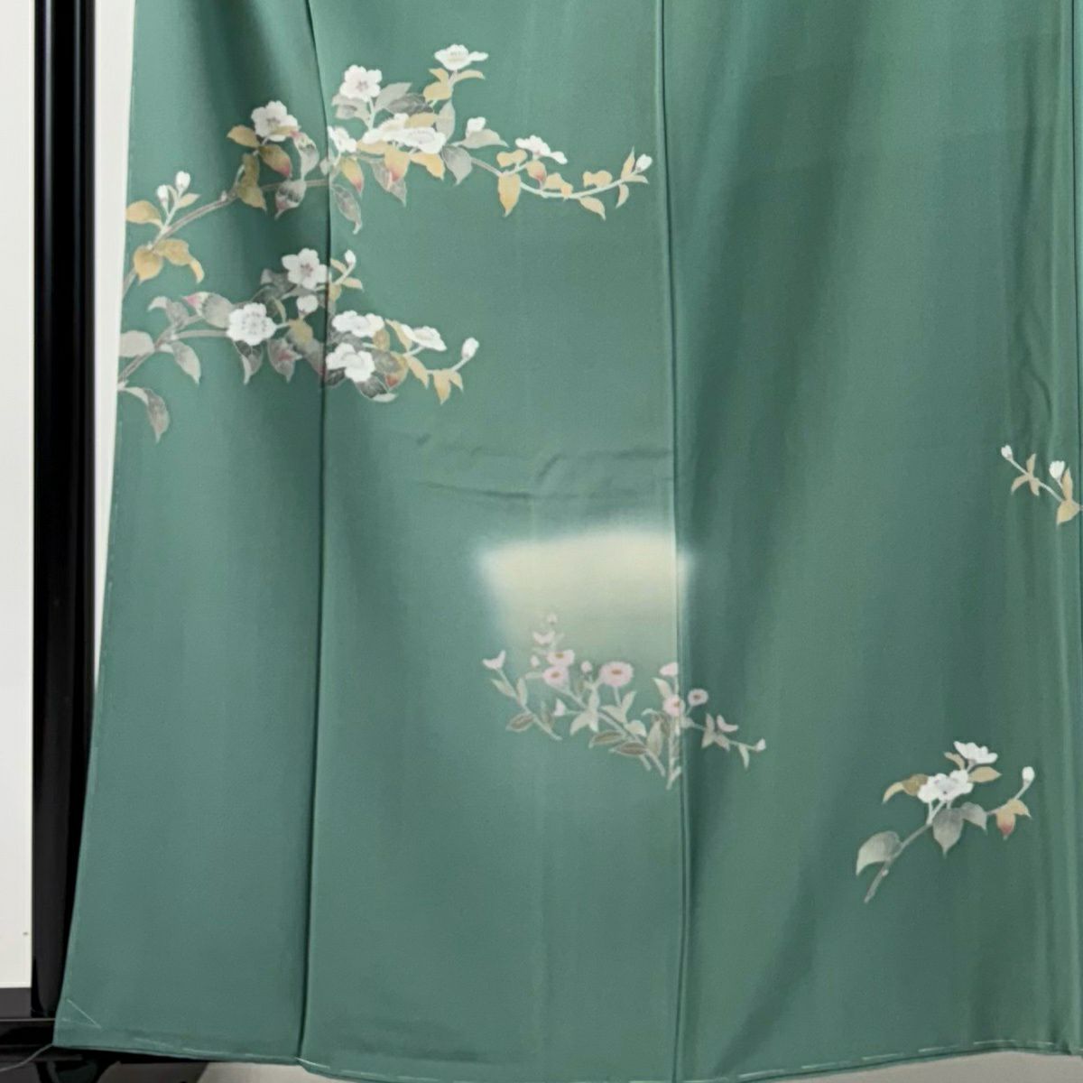 付下 身長161cm 袖長66.5cm M 雙層 有落款 櫻花 菊花花 漸層 淺綠 純蠶絲 優品級