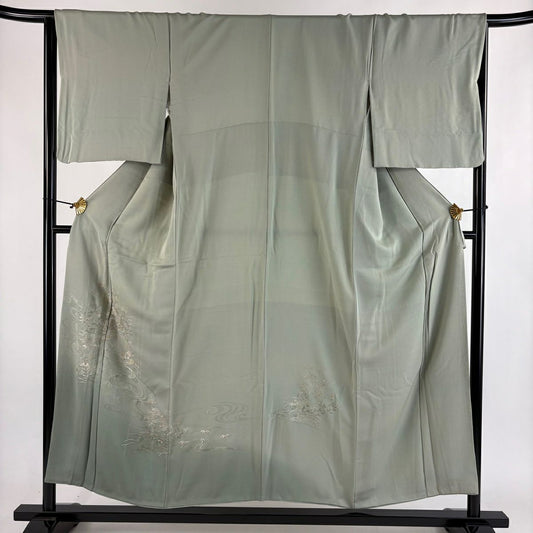 付下 身長153cm 袖長65cm M 雙層 草花紋紋 流水刺繡 漸層 灰綠 純蠶絲 優品級
