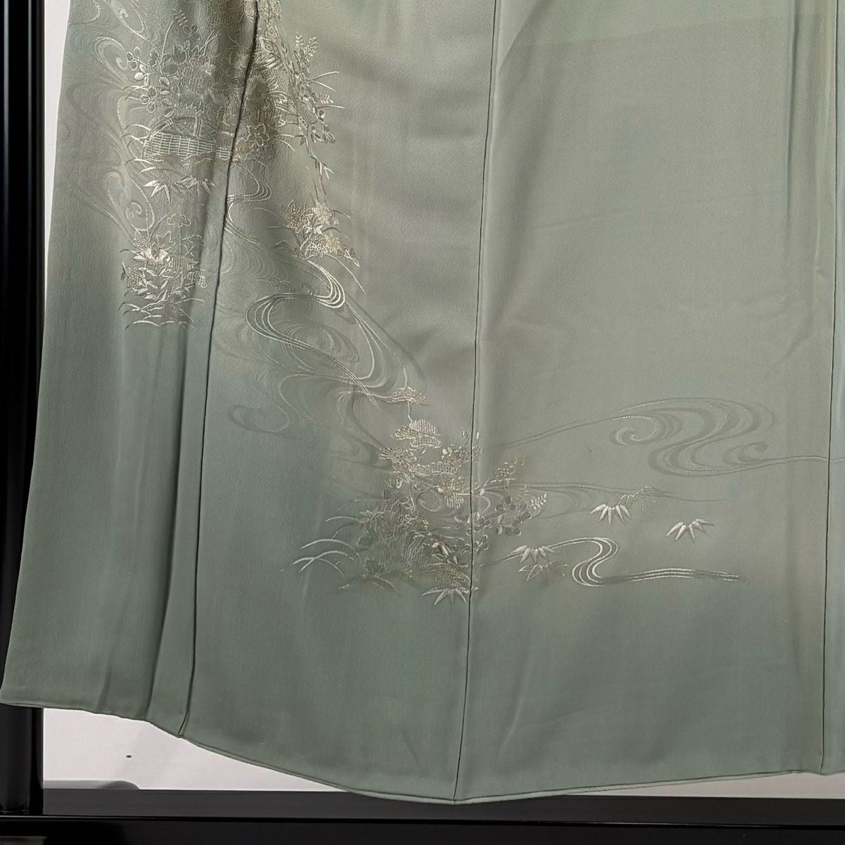 付下 身長153cm 袖長65cm M 雙層 草花紋紋 流水刺繡 漸層 灰綠 純蠶絲 優品級