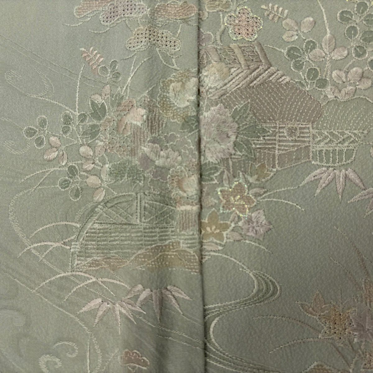 付下 身長153cm 袖長65cm M 雙層 草花紋紋 流水刺繡 漸層 灰綠 純蠶絲 優品級