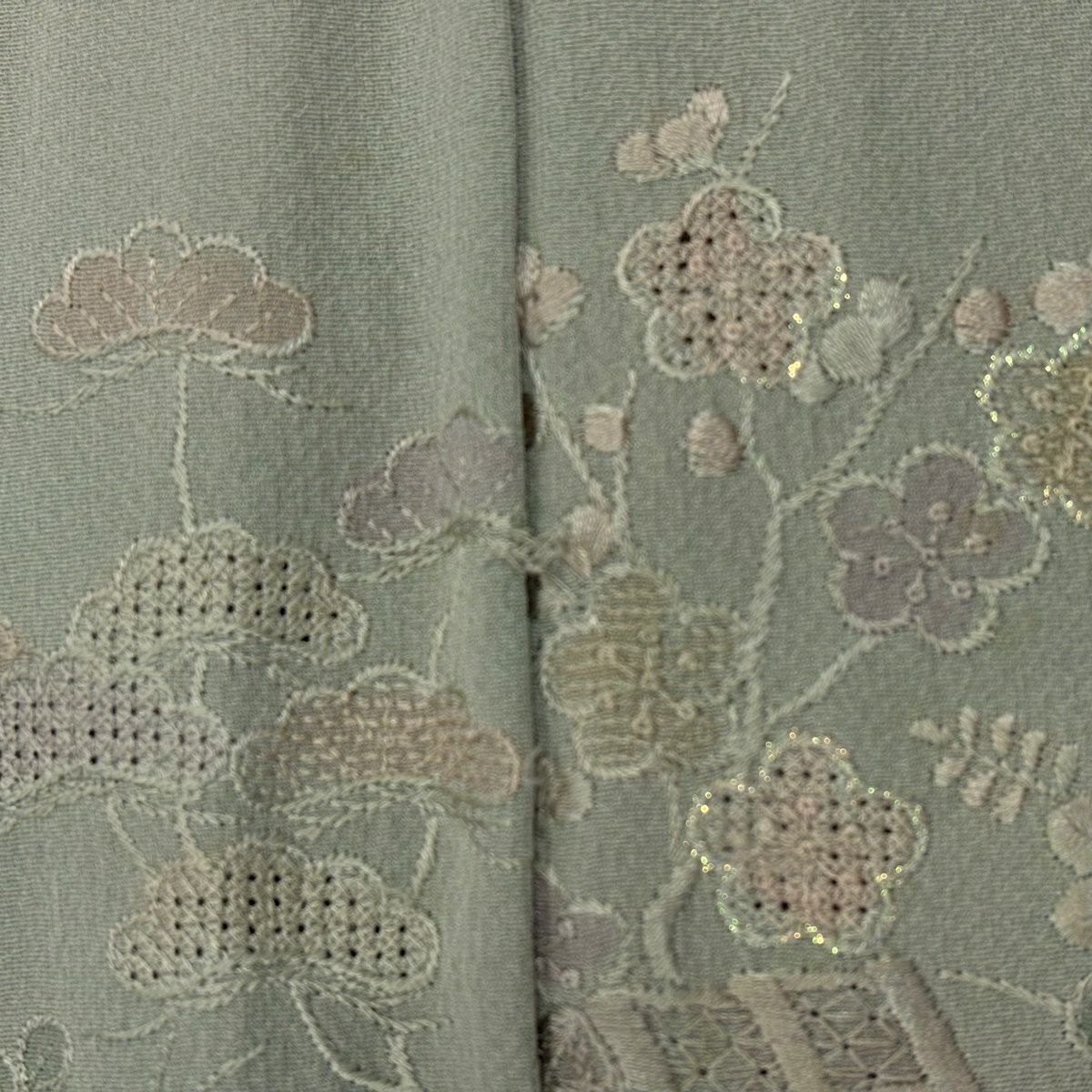 付下 身長153cm 袖長65cm M 雙層 草花紋紋 流水刺繡 漸層 灰綠 純蠶絲 優品級
