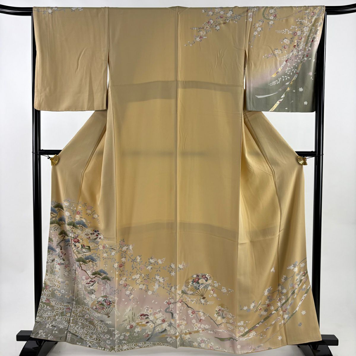 訪問服 身長160cm 袖長67cm M 雙層 扇子 草花紋紋 金銀彩 染分 裸色 純蠶絲 秀品級