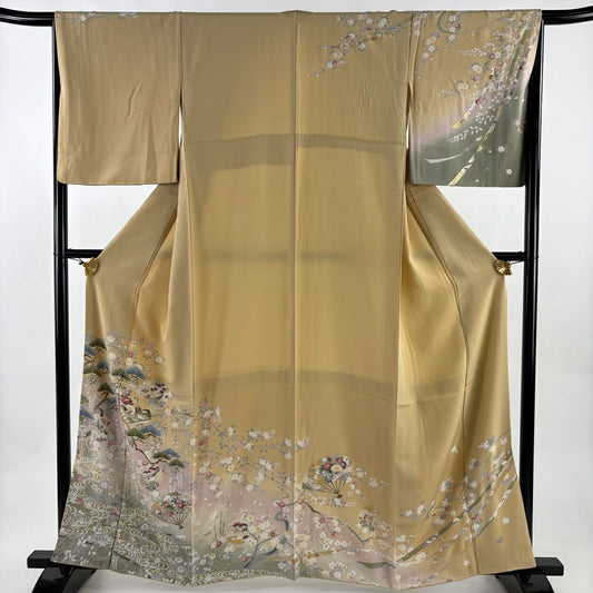 訪問服 身長160cm 袖長67cm M 雙層 扇子 草花紋紋 金銀彩 染分 裸色 純蠶絲 秀品級