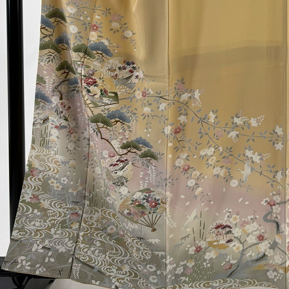 訪問服 身長160cm 袖長67cm M 雙層 扇子 草花紋紋 金銀彩 染分 裸色 純蠶絲 秀品級