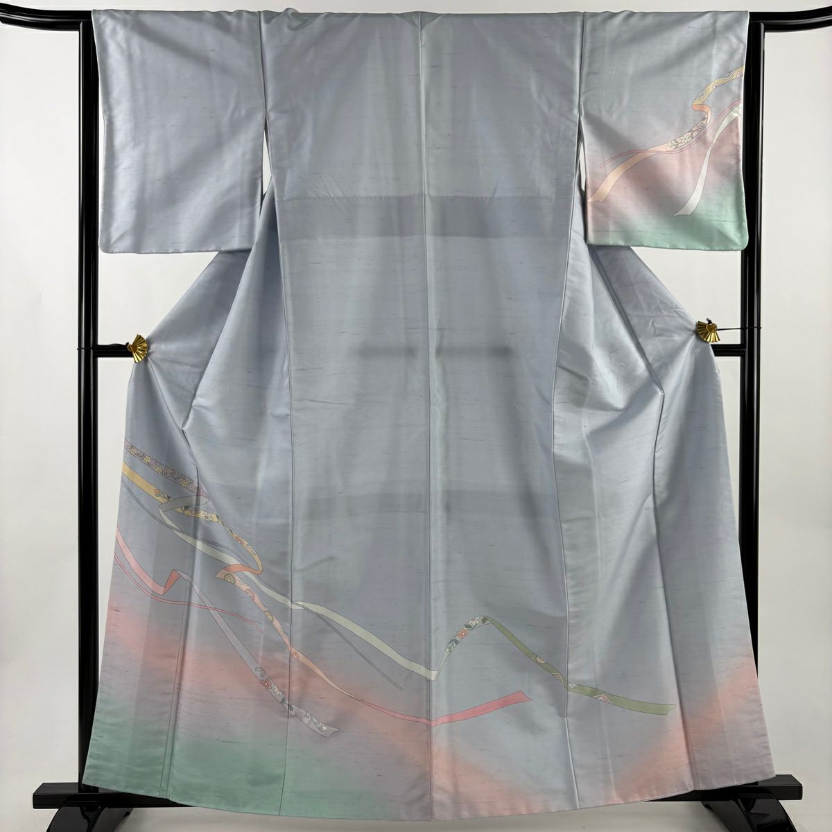 訪問服 身長162.5cm 袖長64.5cm M 雙層 紬織織 蔓帶 草花紋紋 染分 ぼかし 水藍 純蠶絲 秀品級 一つ紋