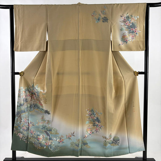 訪問服 身長152cm 袖長64cm M 雙層 落款あり 風景 草花紋紋 金銀彩 漸層 薄茶 純蠶絲 秀品級 一つ紋