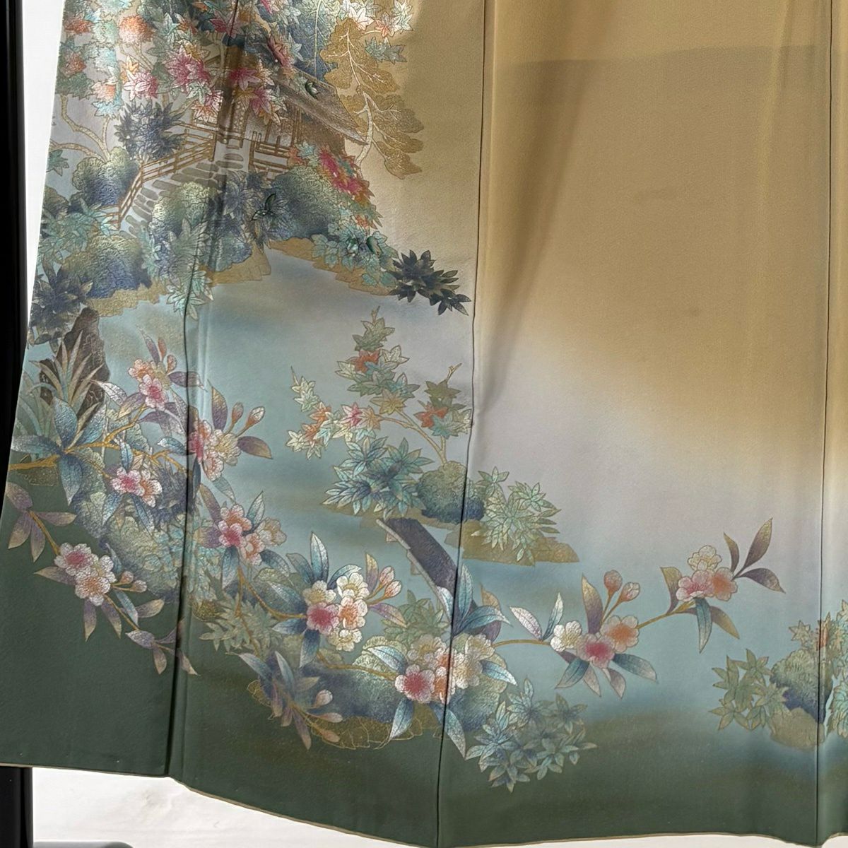 訪問服 身長152cm 袖長64cm M 雙層 落款あり 風景 草花紋紋 金銀彩 漸層 薄茶 純蠶絲 秀品級 一つ紋