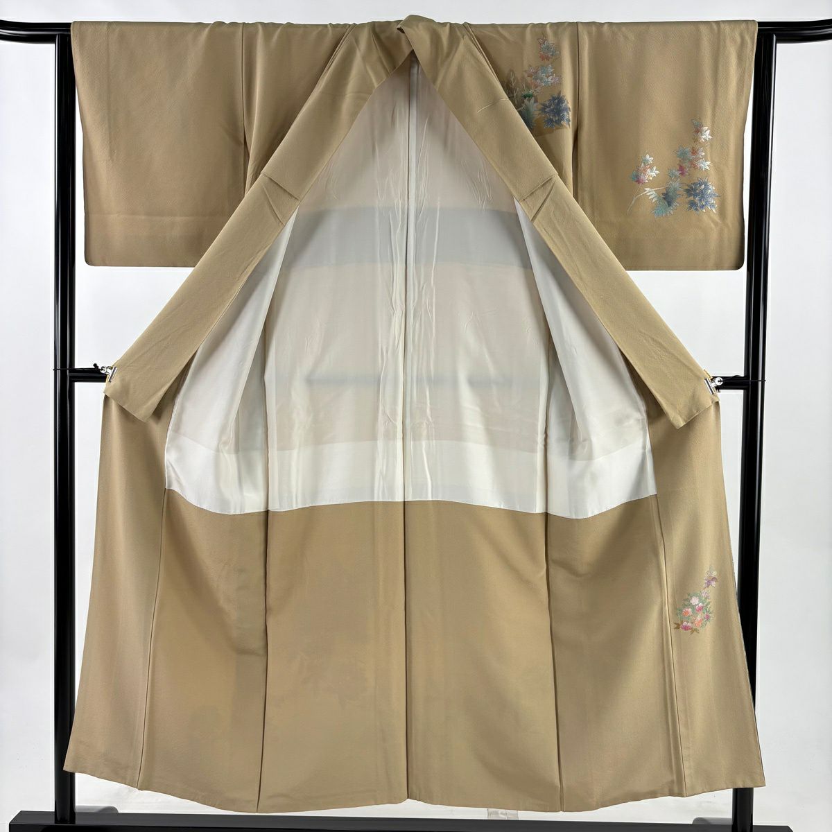 訪問服 身長152cm 袖長64cm M 雙層 落款あり 風景 草花紋紋 金銀彩 漸層 薄茶 純蠶絲 秀品級 一つ紋