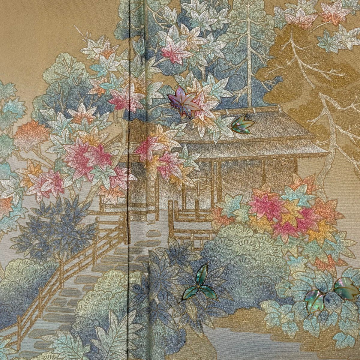 訪問服 身長152cm 袖長64cm M 雙層 落款あり 風景 草花紋紋 金銀彩 漸層 薄茶 純蠶絲 秀品級 一つ紋
