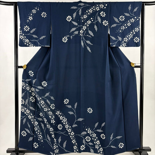 訪問服 身長160cm 袖長63.5cm S 雙層 草花紋紋 絞染 深藍 純蠶絲 秀品級