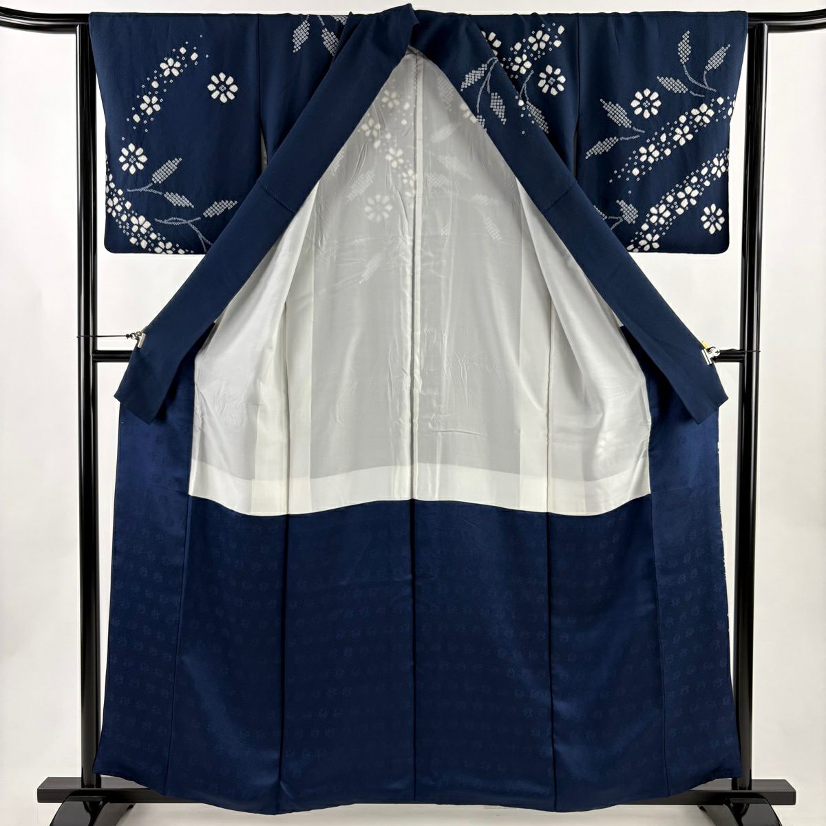 訪問服 身長160cm 袖長63.5cm S 雙層 草花紋紋 絞染 深藍 純蠶絲 秀品級