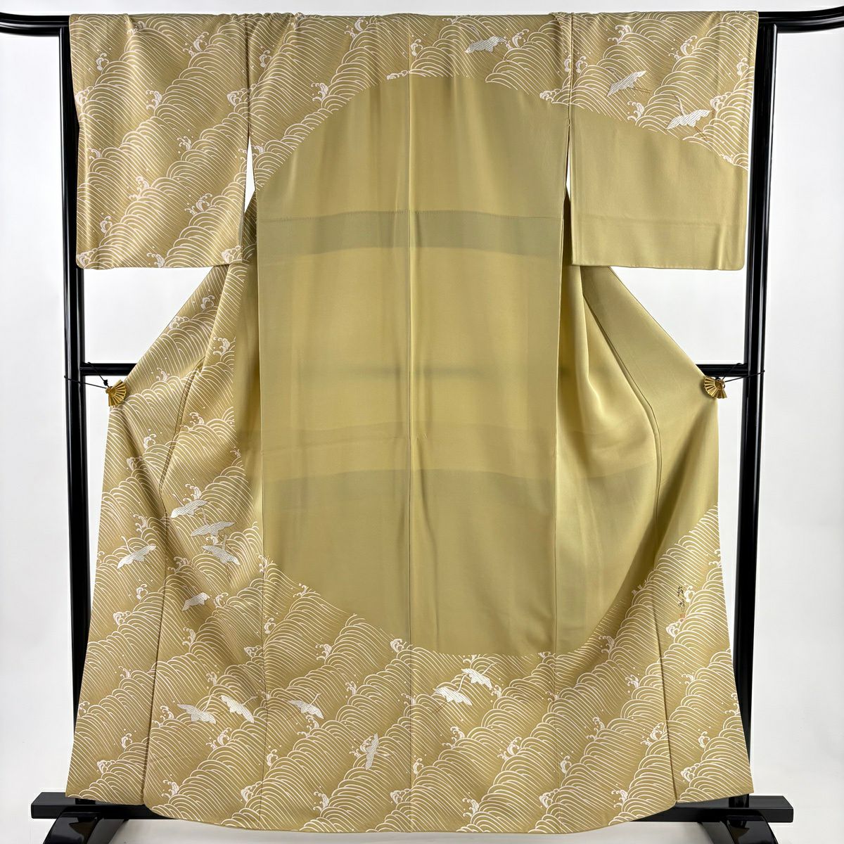 訪問服 身長161.5cm 袖長66.5cm M 雙層 ますいわ屋 落款あり 波 波頭 刺繡 金糸 薄黃土 純蠶絲 秀品級