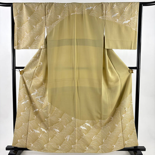 訪問服 身長161.5cm 袖長66.5cm M 雙層 ますいわ屋 落款あり 波 波頭 刺繡 金糸 薄黃土 純蠶絲 秀品級