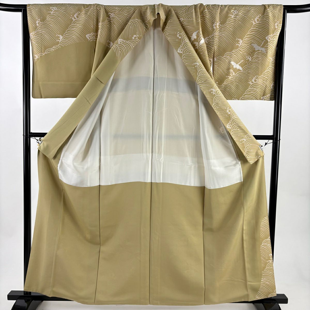 訪問服 身長161.5cm 袖長66.5cm M 雙層 ますいわ屋 落款あり 波 波頭 刺繡 金糸 薄黃土 純蠶絲 秀品級