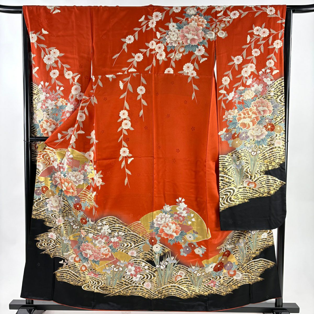 振袖禮服 身長159cm 袖長66cm M 雙層 牡丹 扇子面 金絲 金銀彩 朱 純蠶絲 秀品級