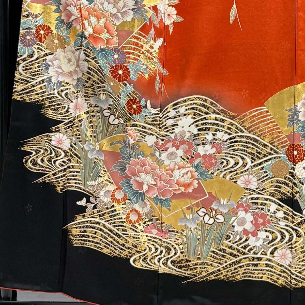 振袖禮服 身長159cm 袖長66cm M 雙層 牡丹 扇子面 金絲 金銀彩 朱 純蠶絲 秀品級