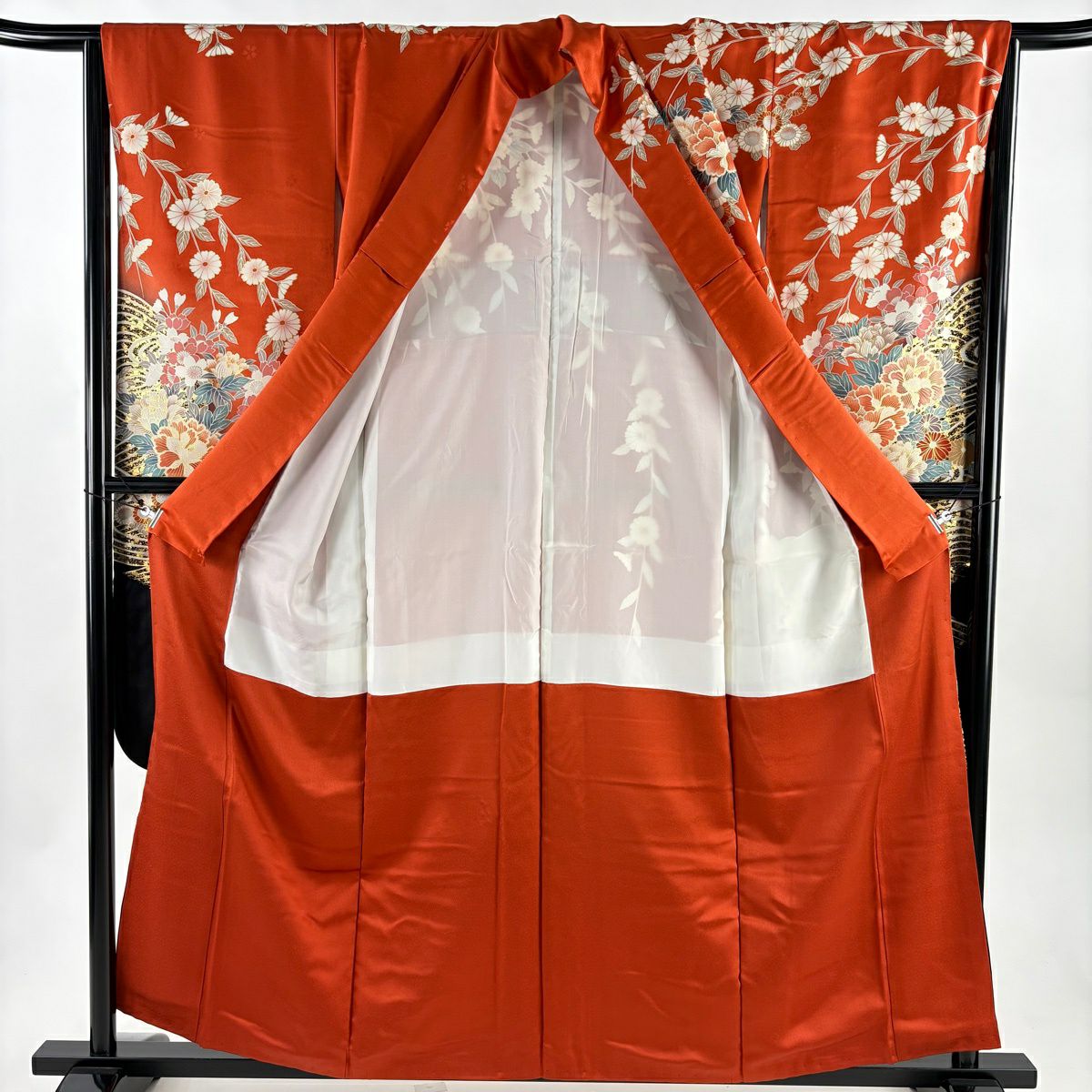 振袖禮服 身長159cm 袖長66cm M 雙層 牡丹 扇子面 金絲 金銀彩 朱 純蠶絲 秀品級