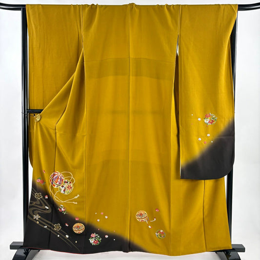 振袖禮服 身長161cm 袖長67.5cm L 雙層 手鞠 櫻花 刺繡 金糸 黃土 純蠶絲 秀品級
