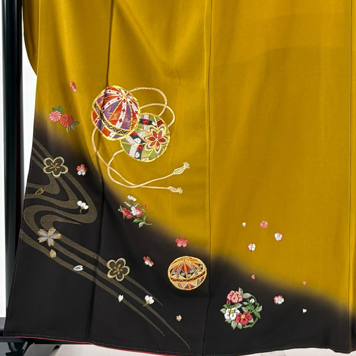 振袖禮服 身長161cm 袖長67.5cm L 雙層 手鞠 櫻花 刺繡 金糸 黃土 純蠶絲 秀品級