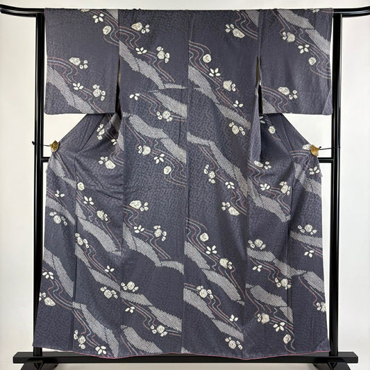 小紋 身長155cm 袖長63cm S 雙層 辻花染圖案 流水 絞染 灰紫 純蠶絲 秀品級