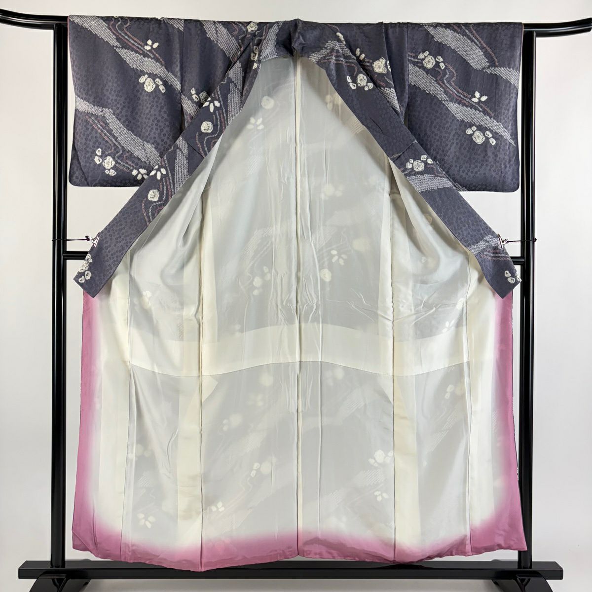 小紋 身長155cm 袖長63cm S 雙層 辻花染圖案 流水 絞染 灰紫 純蠶絲 秀品級