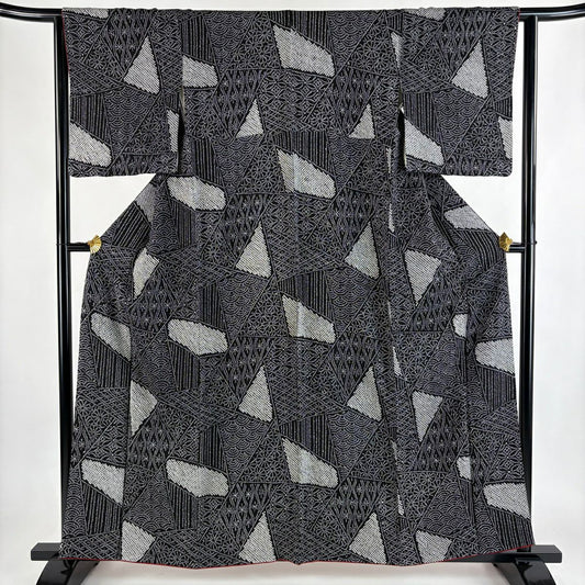 【美品】 小紋 身長158.5cm 袖長63cm S 雙層 有職文樣 草花紋紋 絞染 黑 純蠶絲 秀品級