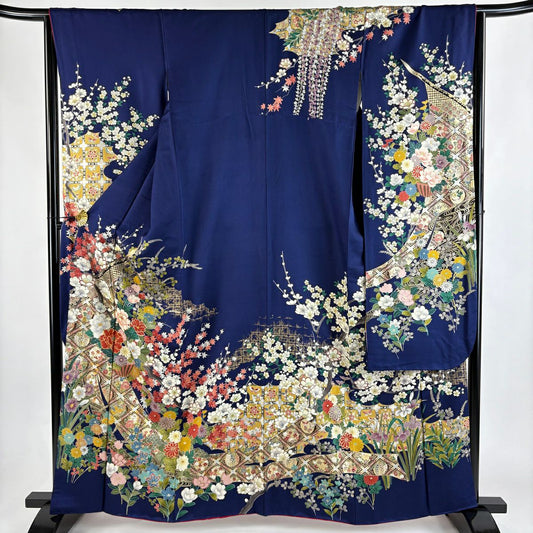 振袖禮服 身長162cm 袖長64cm M 雙層 格天井 花籠 金銀彩 深藍 純蠶絲 秀品級