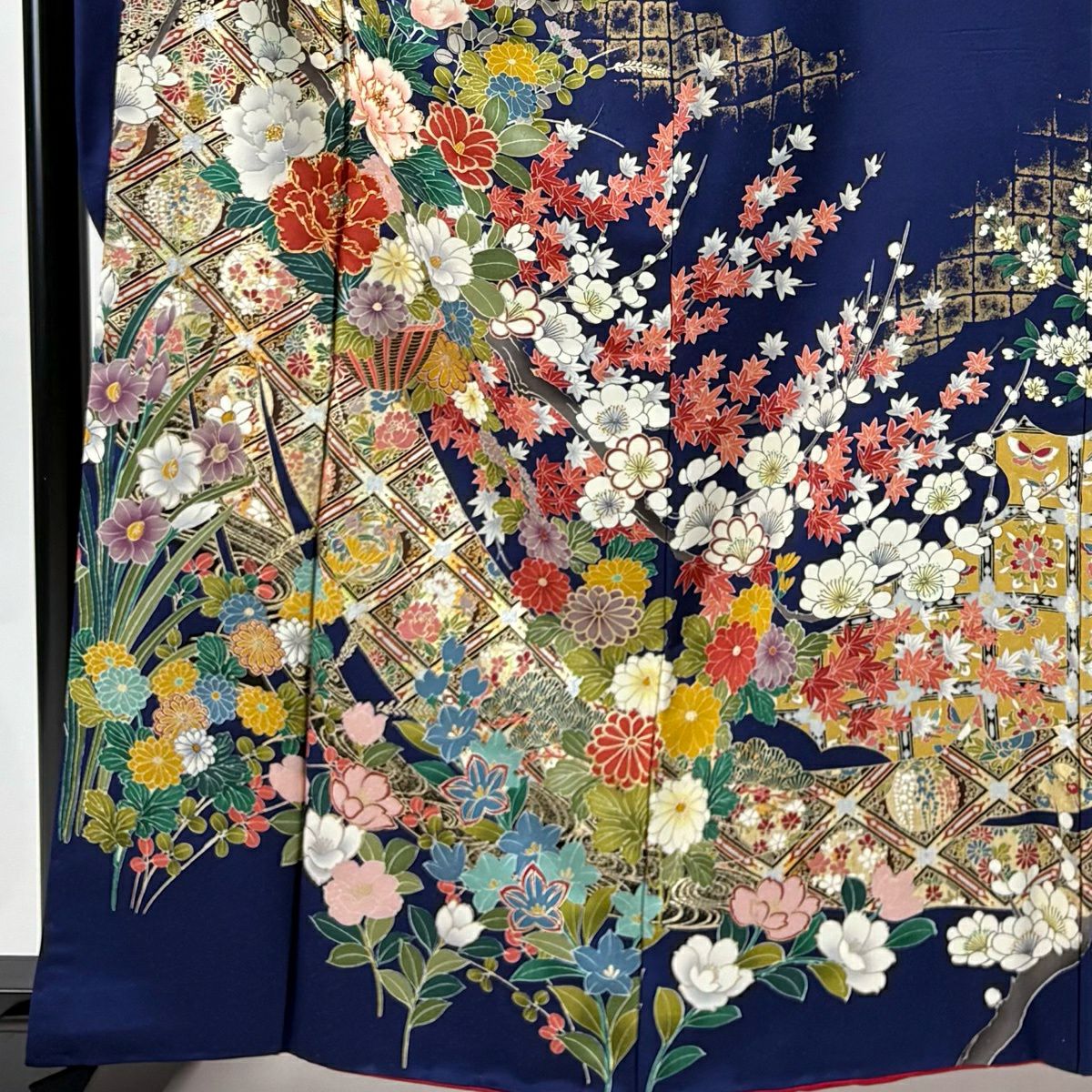 振袖禮服 身長162cm 袖長64cm M 雙層 格天井 花籠 金銀彩 深藍 純蠶絲 秀品級