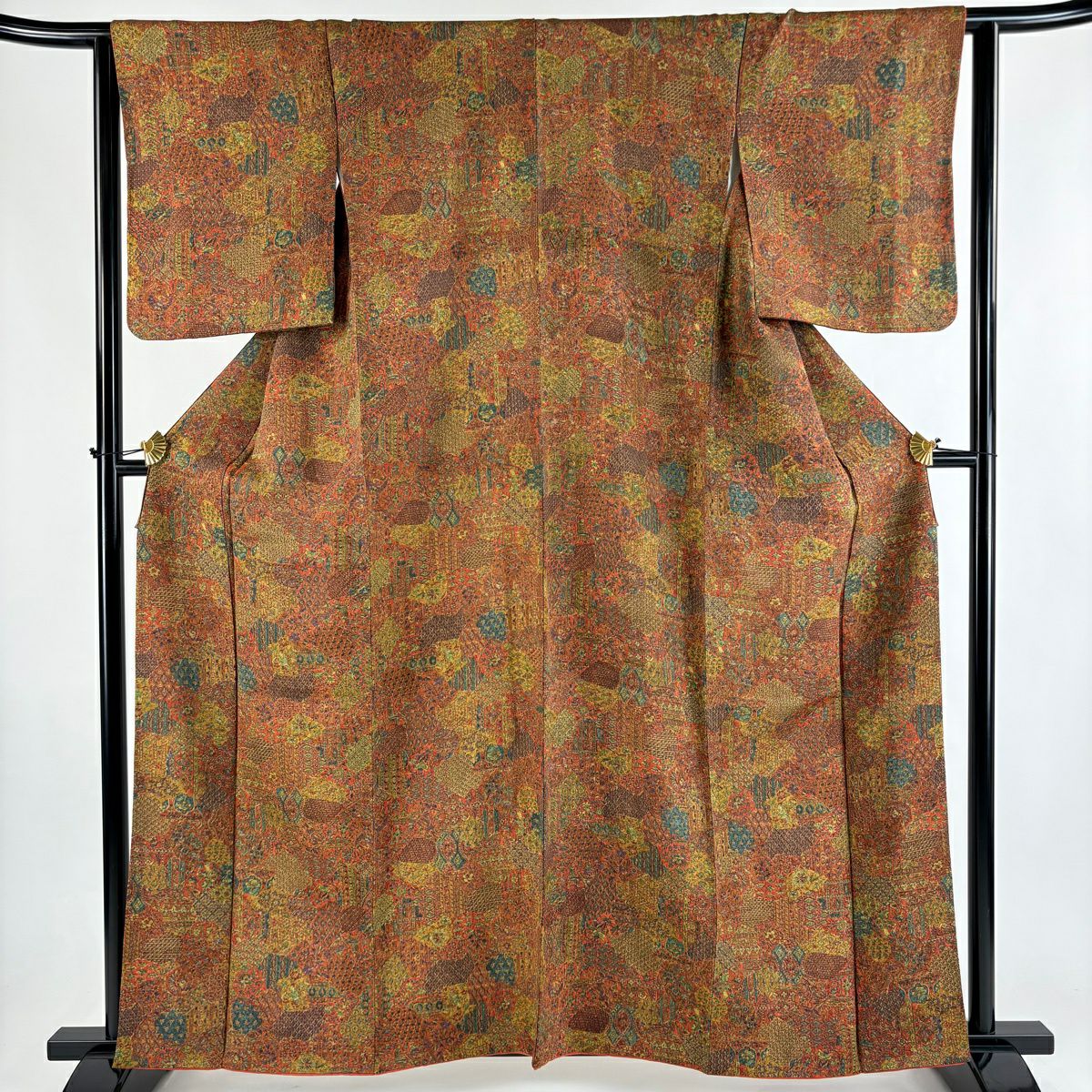 【美品】 小紋 身長162cm 袖長63.5cm S 雙層 更勝 落款あり 草花紋紋 扇子子 縮緬 紅茶 純蠶絲 秀品級
