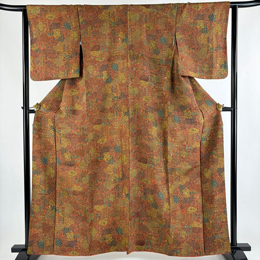 【美品】 小紋 身長162cm 袖長63.5cm S 雙層 更勝 落款あり 草花紋紋 扇子子 縮緬 紅茶 純蠶絲 秀品級