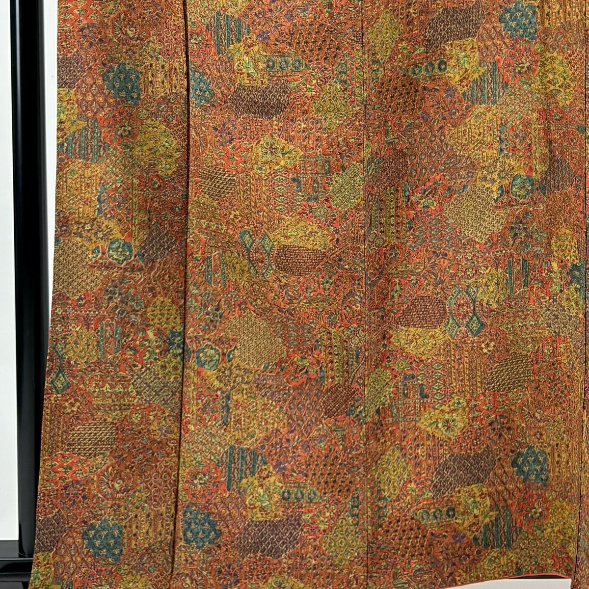 【美品】 小紋 身長162cm 袖長63.5cm S 雙層 更勝 落款あり 草花紋紋 扇子子 縮緬 紅茶 純蠶絲 秀品級