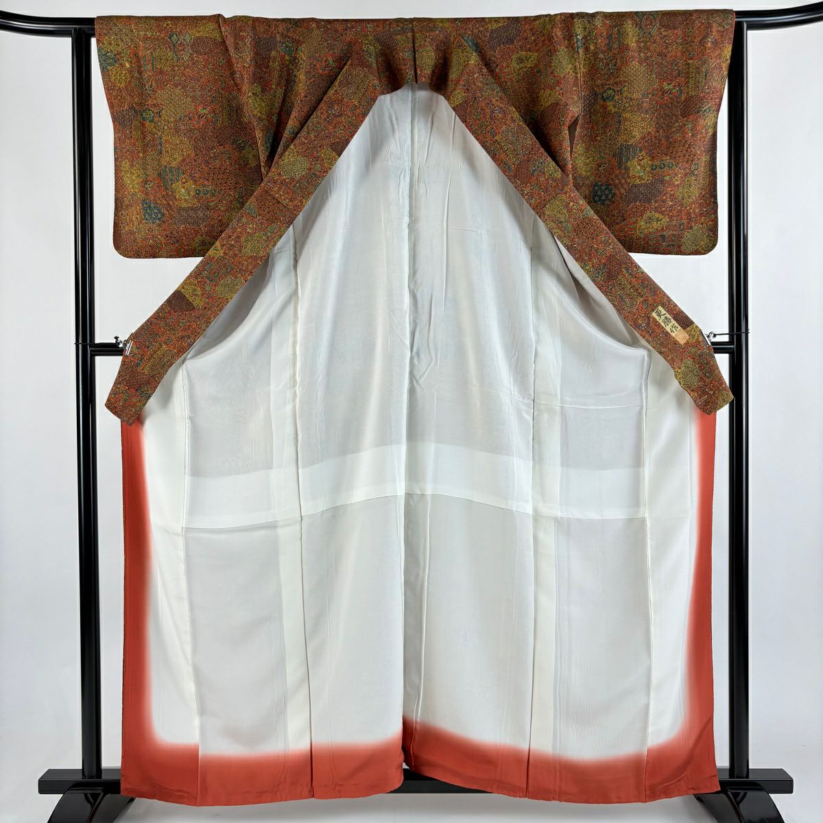 【美品】 小紋 身長162cm 袖長63.5cm S 雙層 更勝 落款あり 草花紋紋 扇子子 縮緬 紅茶 純蠶絲 秀品級