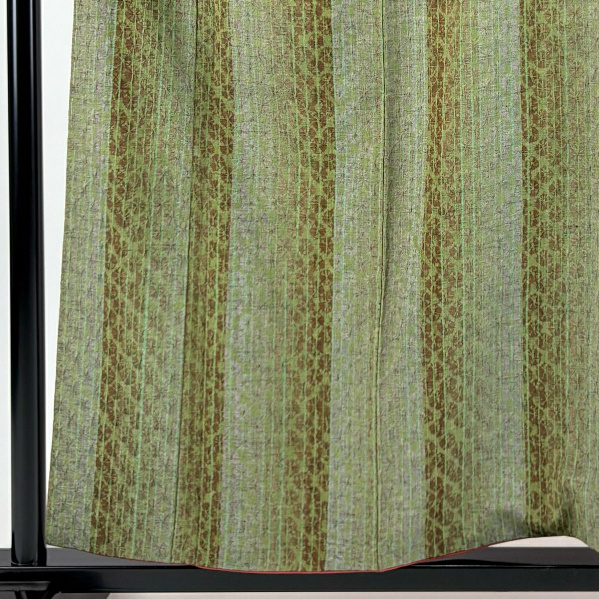 【美品】 小紋 身長158cm 袖長63cm S 雙層 紬織織 縱條 絞染 茶綠 純蠶絲 秀品級