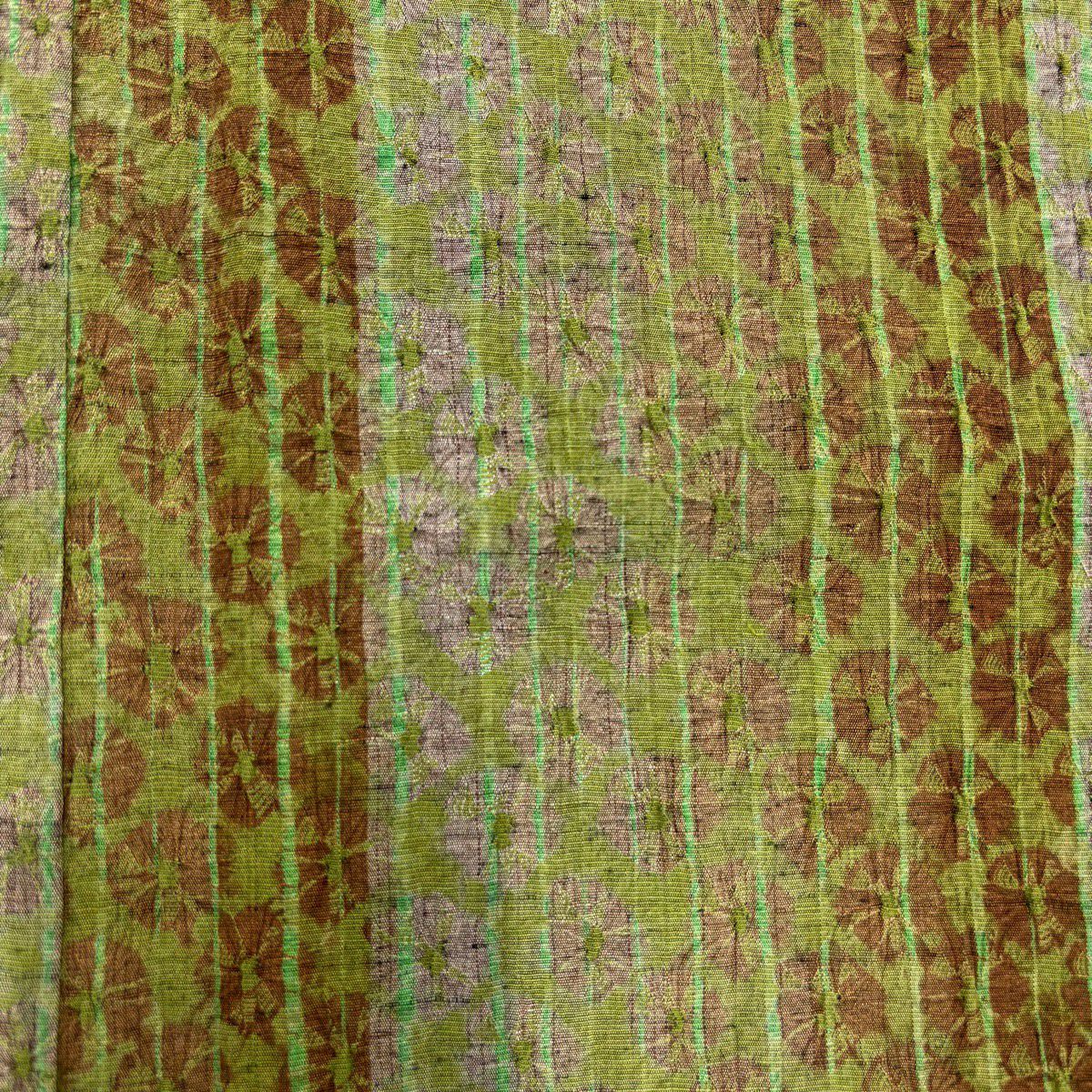 【美品】 小紋 身長158cm 袖長63cm S 雙層 紬織織 縱條 絞染 茶綠 純蠶絲 秀品級