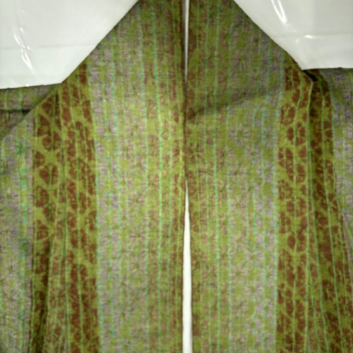【美品】 小紋 身長158cm 袖長63cm S 雙層 紬織織 縱條 絞染 茶綠 純蠶絲 秀品級