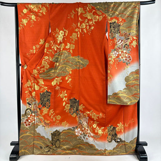 振袖禮服 身長170.5cm 袖長65cm M 雙層 御所車 枝垂櫻 金絲 金銀彩 朱 純蠶絲 秀品級