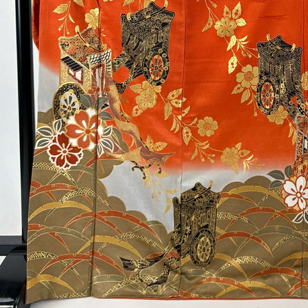 振袖禮服 身長170.5cm 袖長65cm M 雙層 御所車 枝垂櫻 金絲 金銀彩 朱 純蠶絲 秀品級