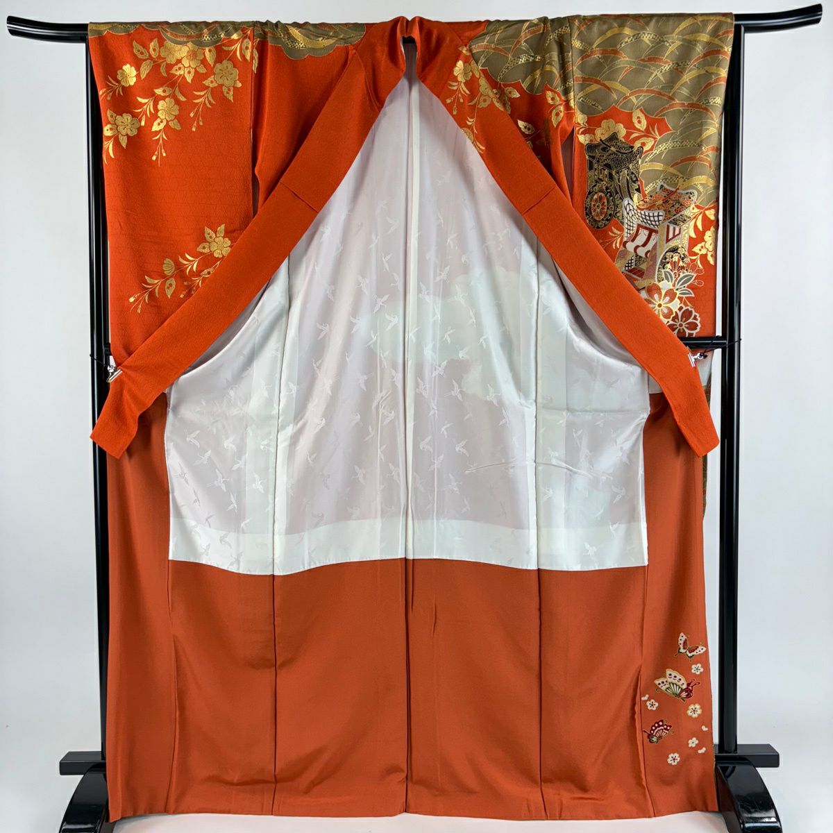 振袖禮服 身長170.5cm 袖長65cm M 雙層 御所車 枝垂櫻 金絲 金銀彩 朱 純蠶絲 秀品級