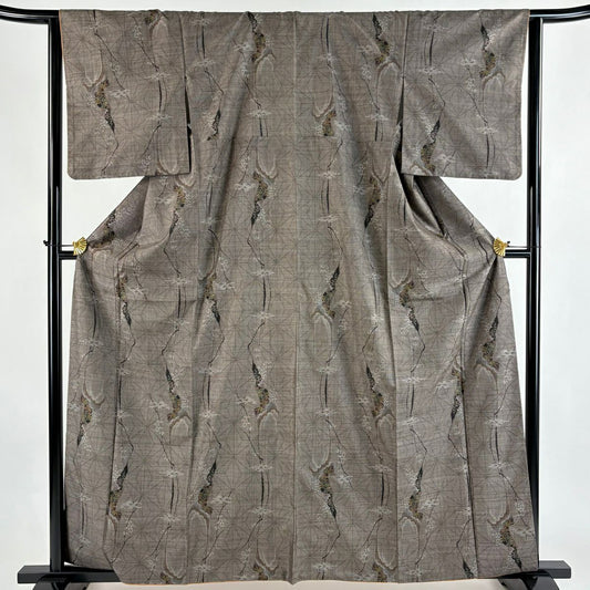 【美品】 紬織 身長162.5cm 袖長63.5cm S 雙層 麻葉 草花紋紋 焦茶 純蠶絲 秀品級