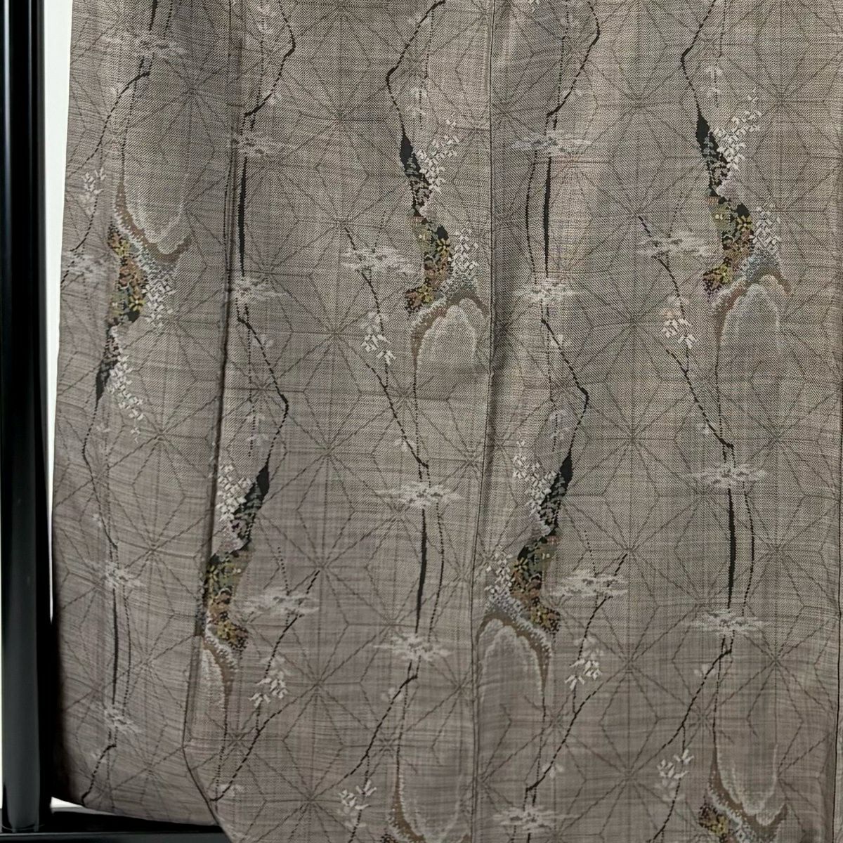 【美品】 紬織 身長162.5cm 袖長63.5cm S 雙層 麻葉 草花紋紋 焦茶 純蠶絲 秀品級
