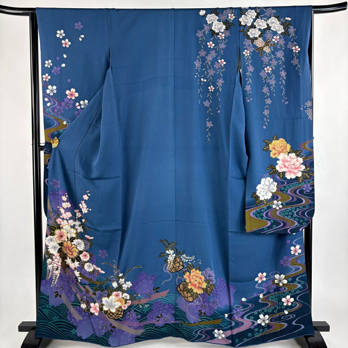 振袖禮服 身長163.5cm 袖長64cm M 雙層 花籠 波 金銀彩 漸層 深藍 純蠶絲 秀品級